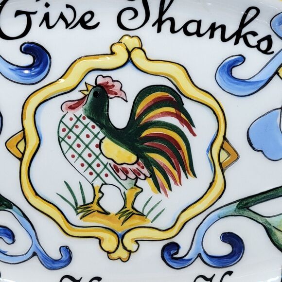 2 Fitz and Floyd Ricamo 11"  "Give Thanks With a Happy Heart" Tray Rooster - Picture 3 of 8